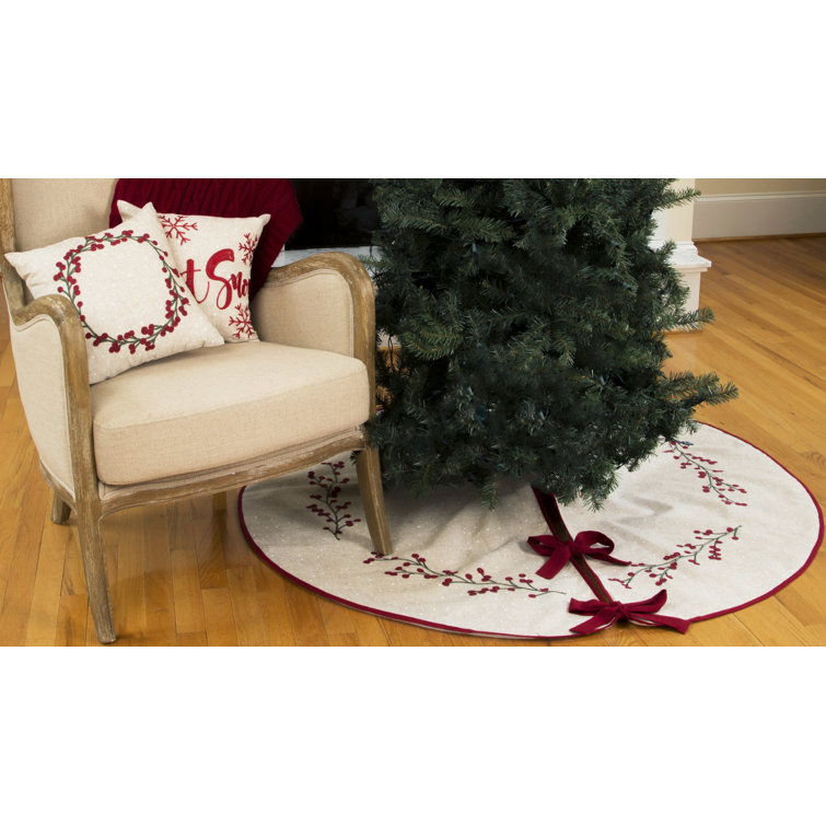 Natural Linen Embroidered Holly Berry Tree Skirt