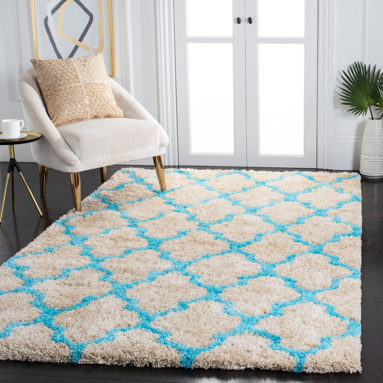 Barcelona Cream and Blue Hand-Tufted Shag Rug, 5' x 8'