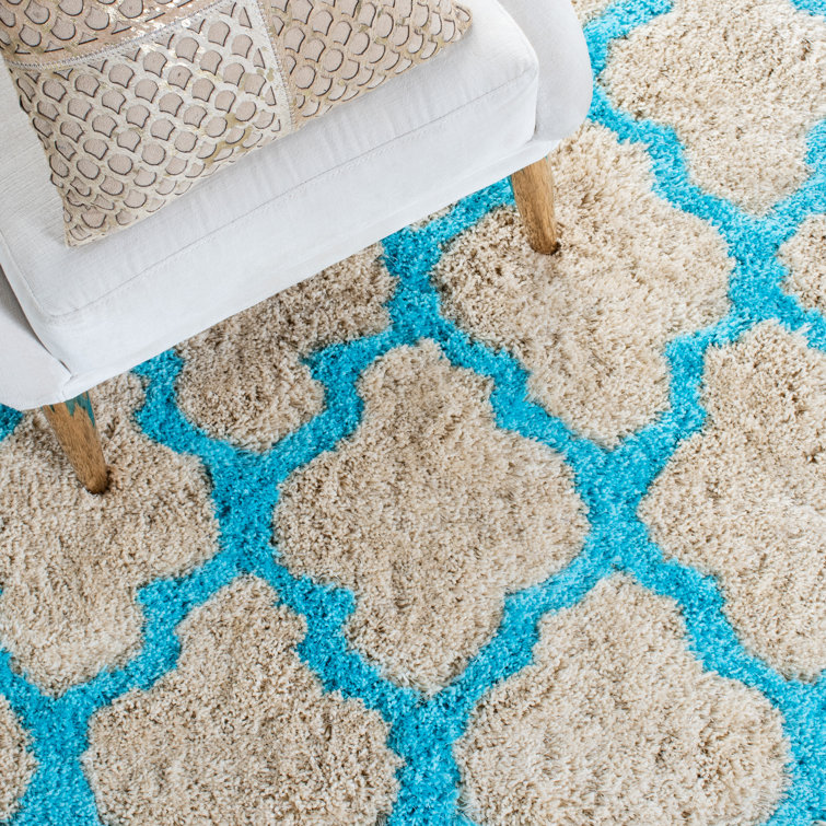 Barcelona Cream and Blue Hand-Tufted Shag Rug, 5' x 8'