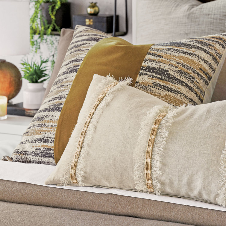Kimahri Beige Linen Fringe Decorative Pillow with Insert
