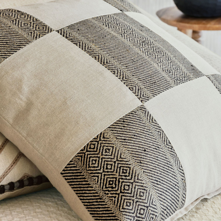 Ethnic-Inspired Black and Beige Square Patchwork Throw Pillow