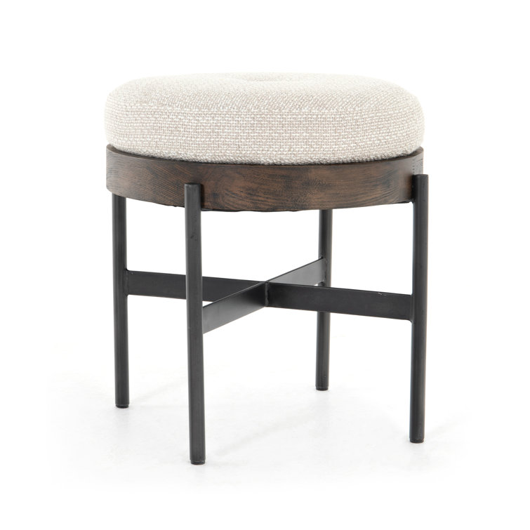 Contemporary Cream Tufted Round Ottoman with Beech Wood Top