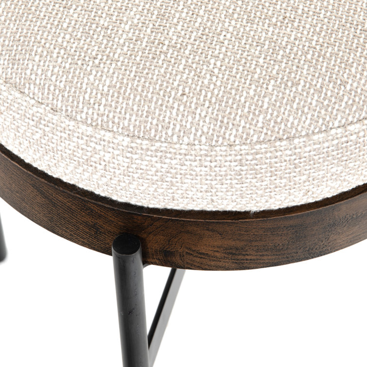 Contemporary Cream Tufted Round Ottoman with Beech Wood Top