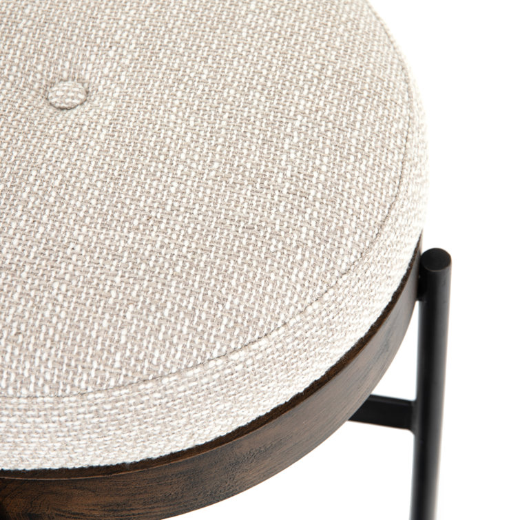 Contemporary Cream Tufted Round Ottoman with Beech Wood Top