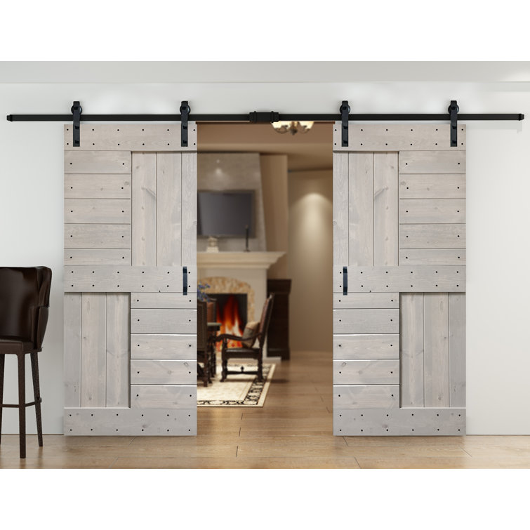 Coast Sequoia 72" x 84" Light Gray Knotty Pine Wood Double Sliding Barn Door with Hardware Kit