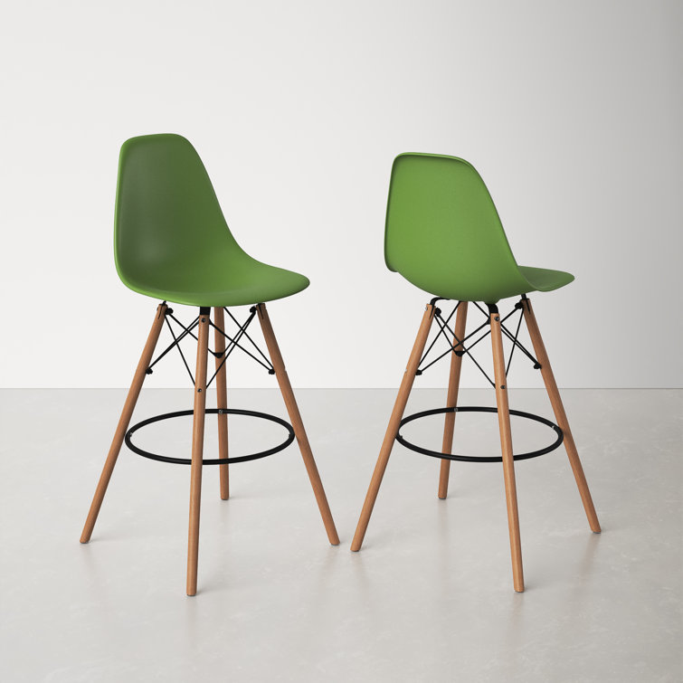 Parisian Modern Classic Green Counter Stools with Natural Wood Legs, Set of 2