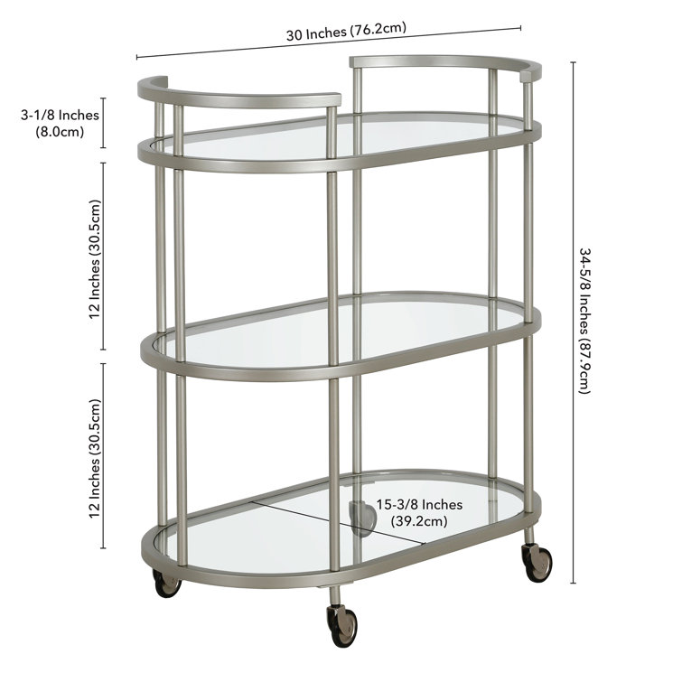 Evelyn&Zoe Satin Nickel Oval Bar Cart with Tempered Glass Shelves