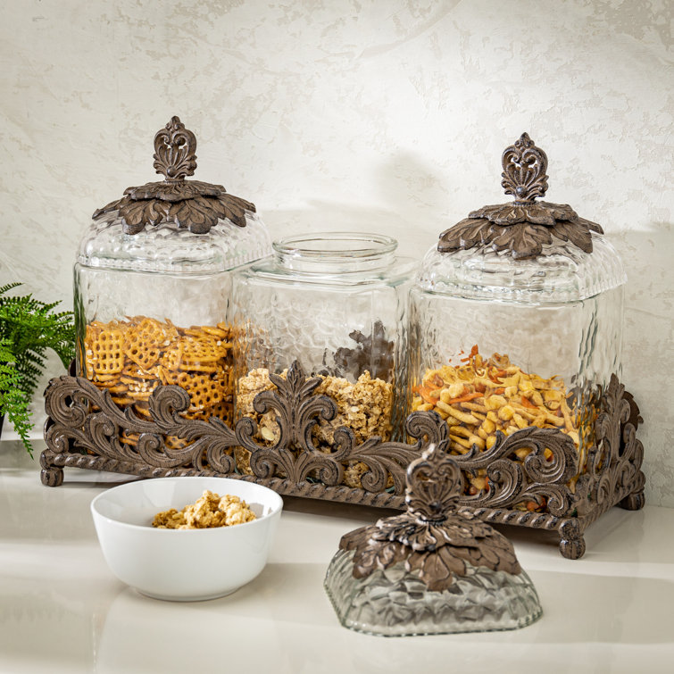 Clear Glass Canister Set with Ornate Metal Base