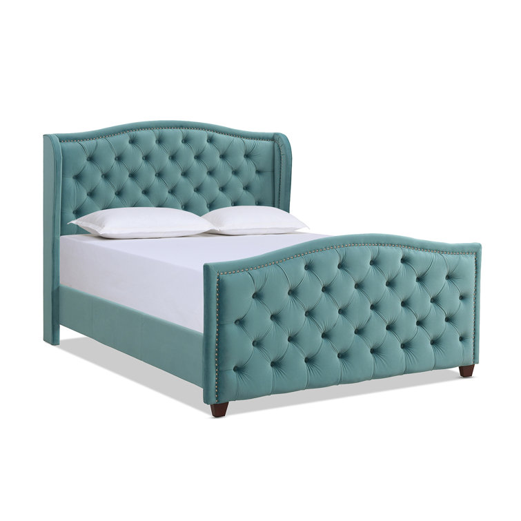 Arctic Blue Velvet Upholstered King Bed with Nailhead Trim