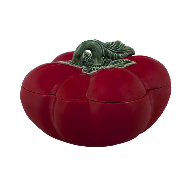 Red Earthenware Tomato Design Tureen with Green Leaf Lid