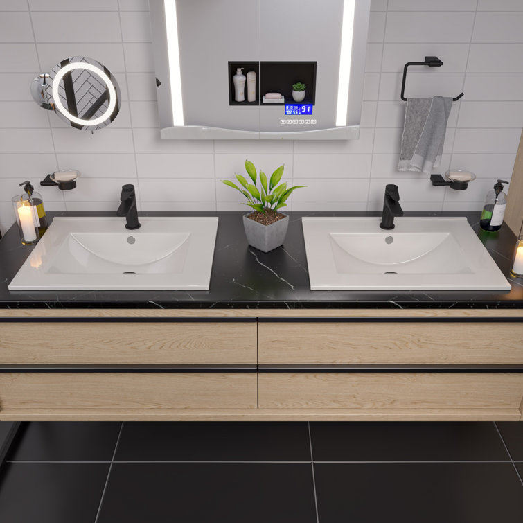 White Ceramic Rectangular Drop-In Bathroom Sink with Overflow