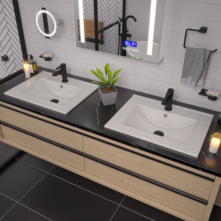 White Ceramic Rectangular Drop-In Bathroom Sink with Overflow