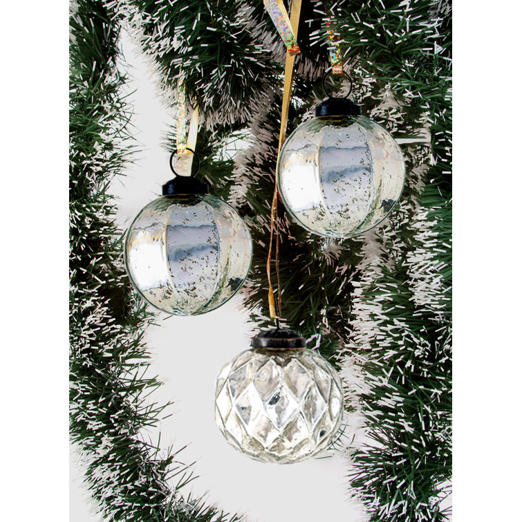Silver Glass Ball Ornament Set with Unique Patterns