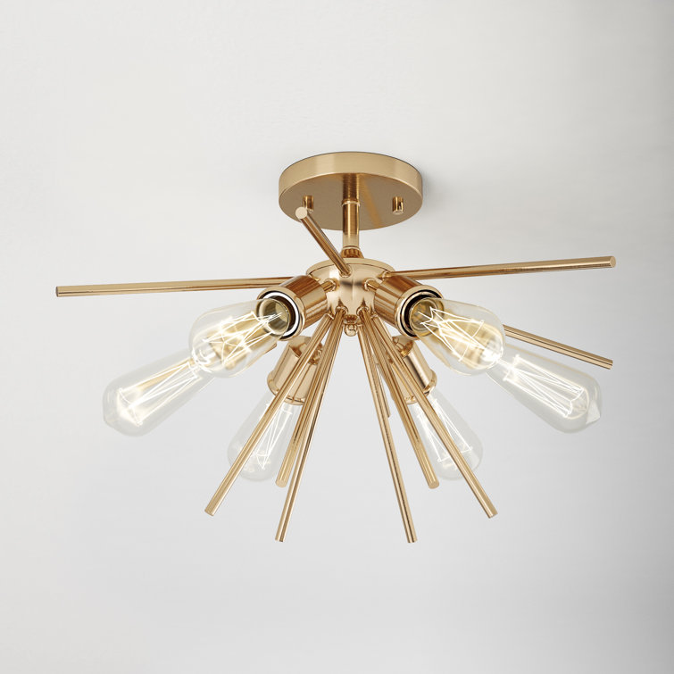 Natural Brass 6-Light Sputnik Semi Flush Mount Fixture