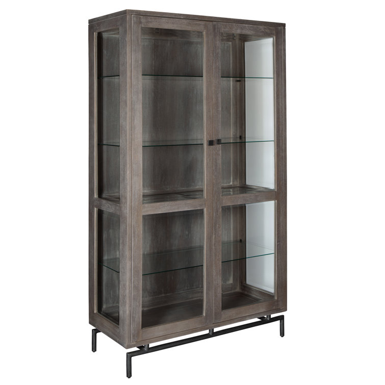 Gray Wood and Glass Display Cabinet with Metal Base
