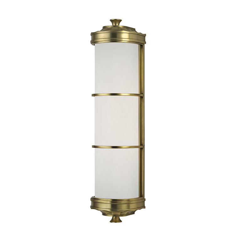 Aged Brass Cylinder Sconce with White Glass Shade