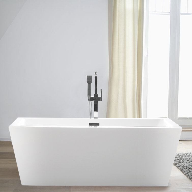 67'' White Acrylic Freestanding Soaking Bathtub with Chrome Overflow