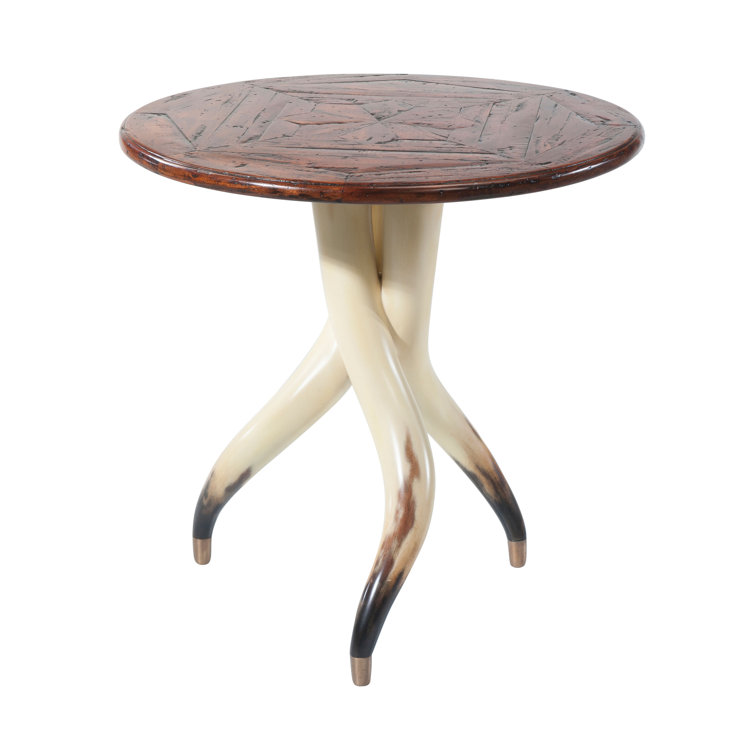 Antiqued Wood Parquetry Round End Table with Faux Horn Base