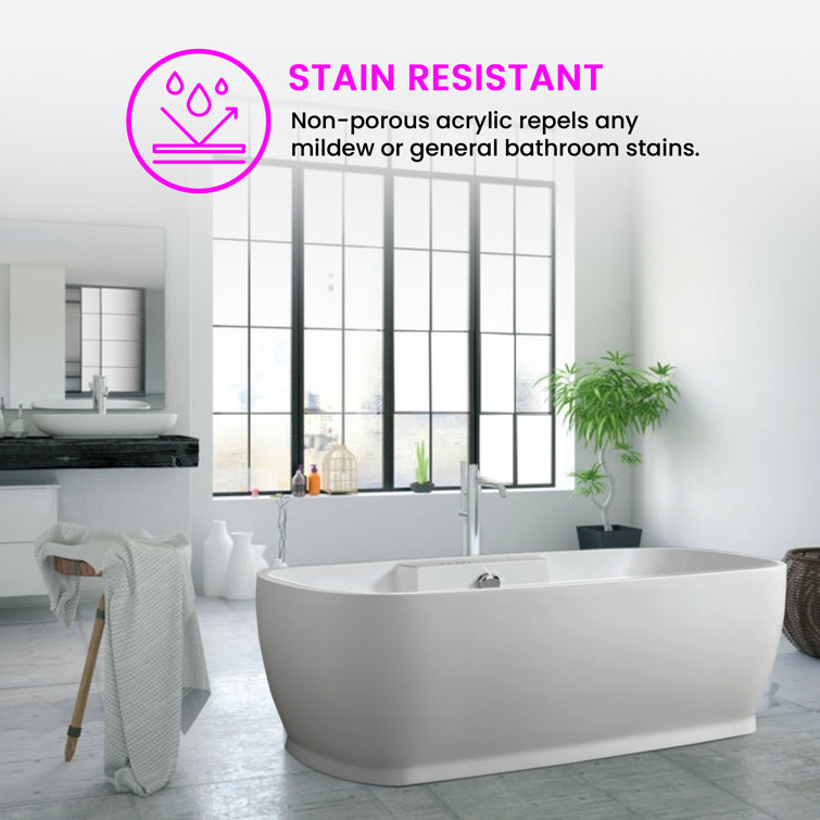 59" White Freestanding Acrylic Soaking Bathtub with Chrome Overflow