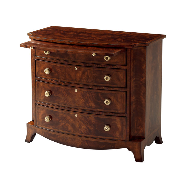 Bowfront Mahogany and Satinwood Accent Chest with Brass Knobs