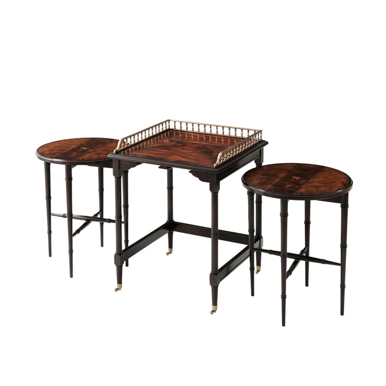 Mahogany Brown Solid Wood Nesting Tables with Brass Accents