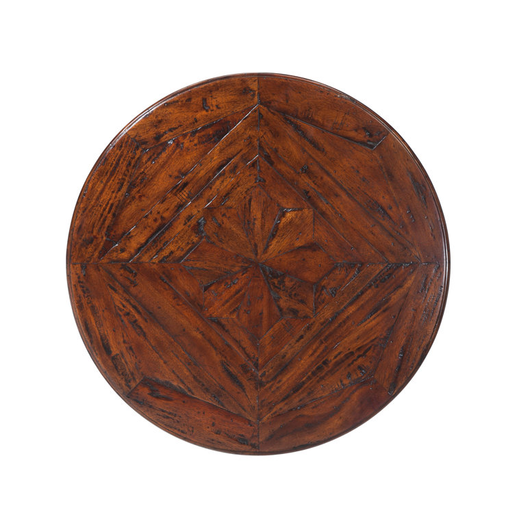 Antiqued Wood Parquetry Round End Table with Faux Horn Base