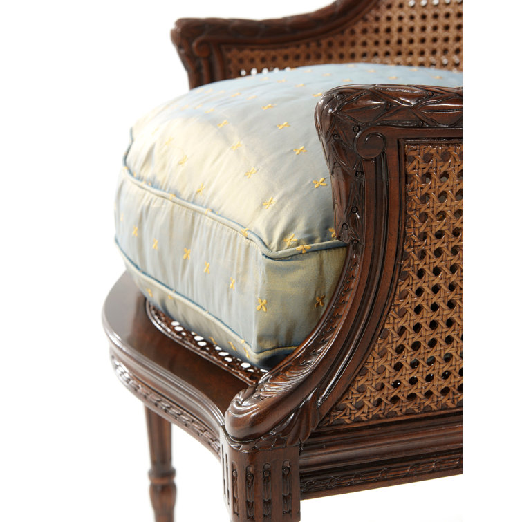 Handcrafted Acacia Wood Bergère Armchair with Gold Silk Cushion
