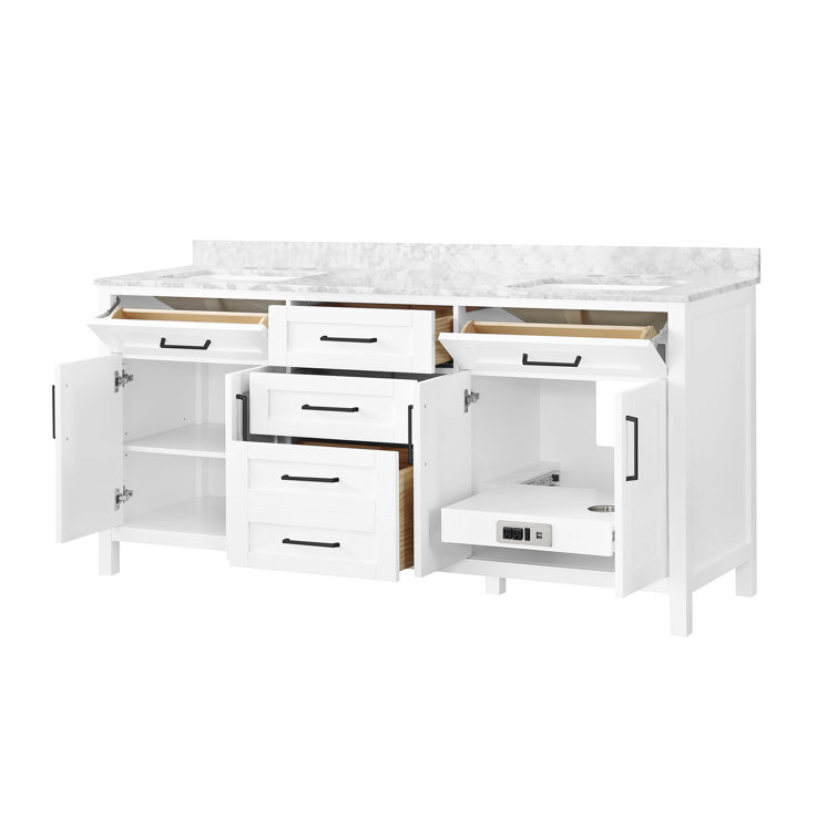 Tahoe 72" White Double Bathroom Vanity with Carrara Marble Top