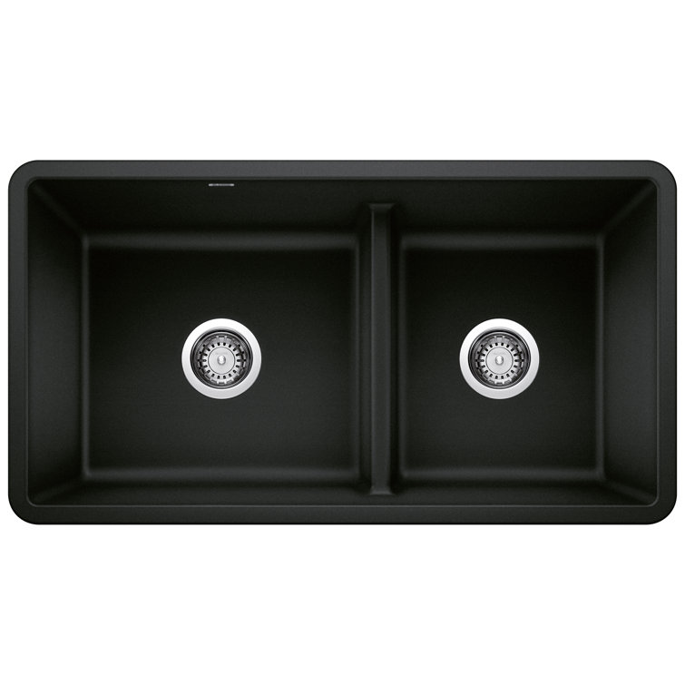 Coal Black 33" Granite Composite Double Bowl Undermount Kitchen Sink