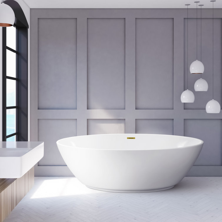62" White Acrylic Freestanding Soaking Bathtub with Bamboo Tray