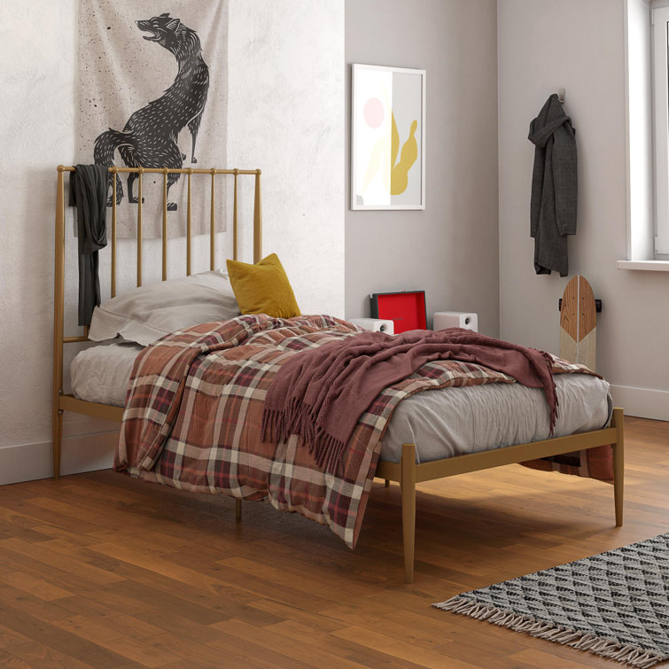 Twin Gold Metal Platform Bed with Headboard and Slats
