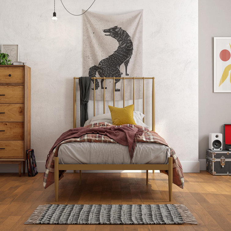 Twin Gold Metal Platform Bed with Headboard and Slats