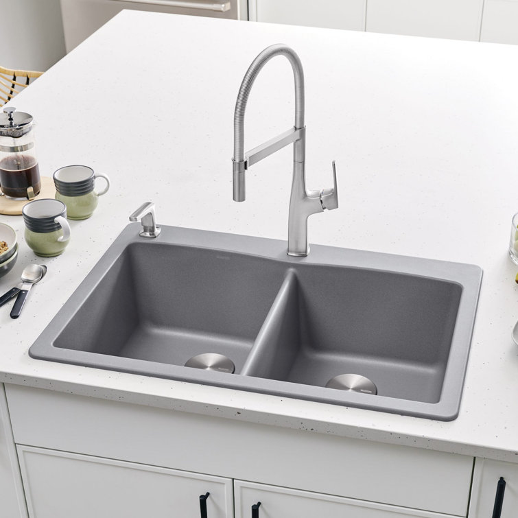 Soft White Stone Double Bowl Drop-In Kitchen Sink