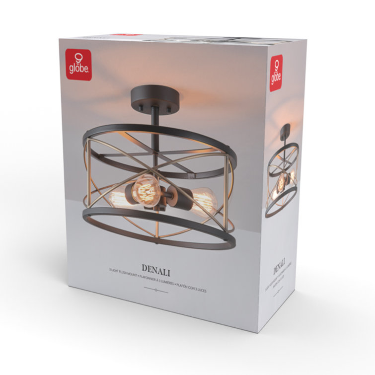 Denali Matte Black and Brass Geometric 3-Light Flush Mount