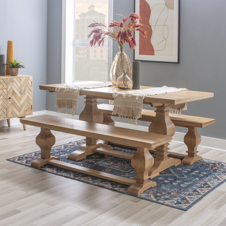 Rustic Honey Brown Solid Pine Double Pedestal Bench