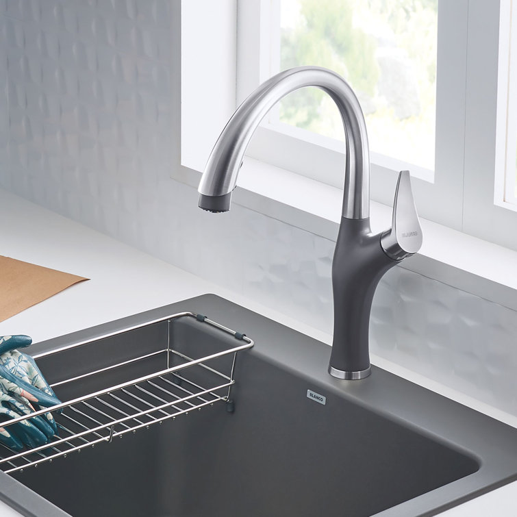 Stainless Steel and Gray Pull-Down Spray Kitchen Faucet