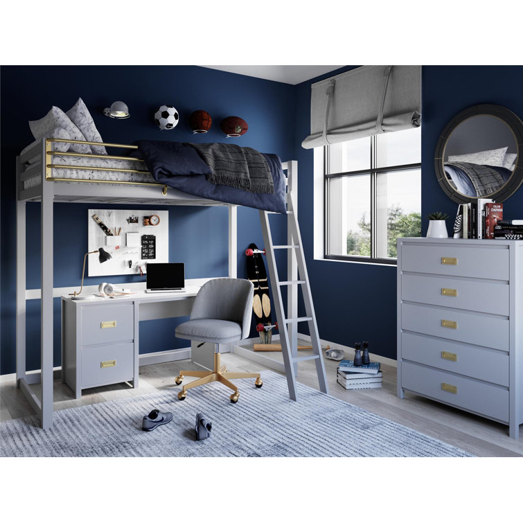 White and Gold Twin Metal Loft Bed with Headboard