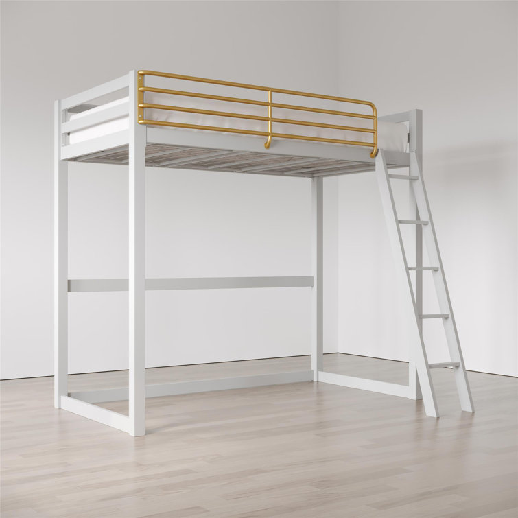 White and Gold Twin Metal Loft Bed with Headboard