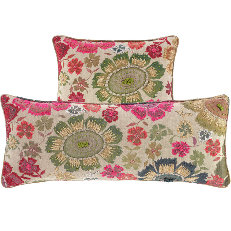 Floral Embroidered Linen Lumbar Pillow with Piped Edges