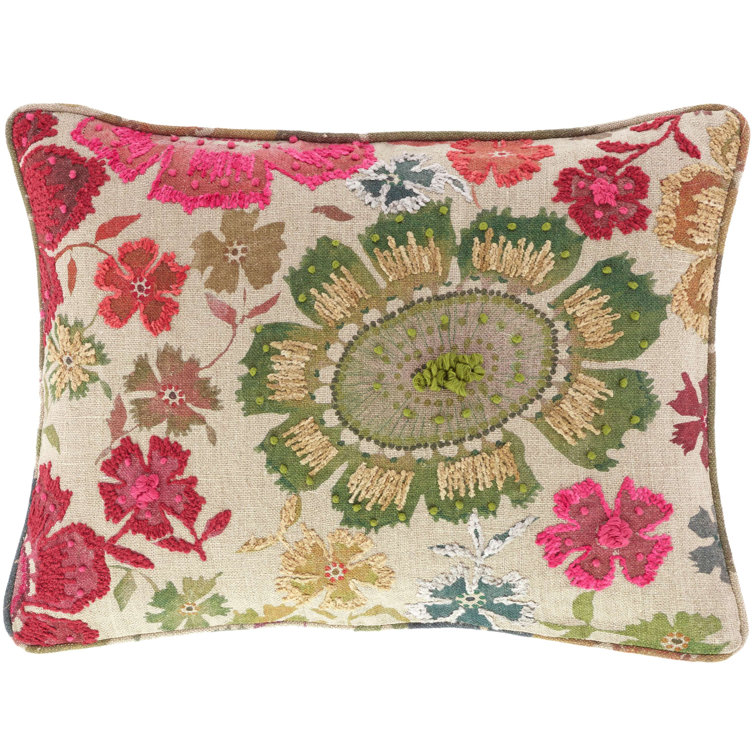 Floral Embroidered Linen Lumbar Pillow with Piped Edges