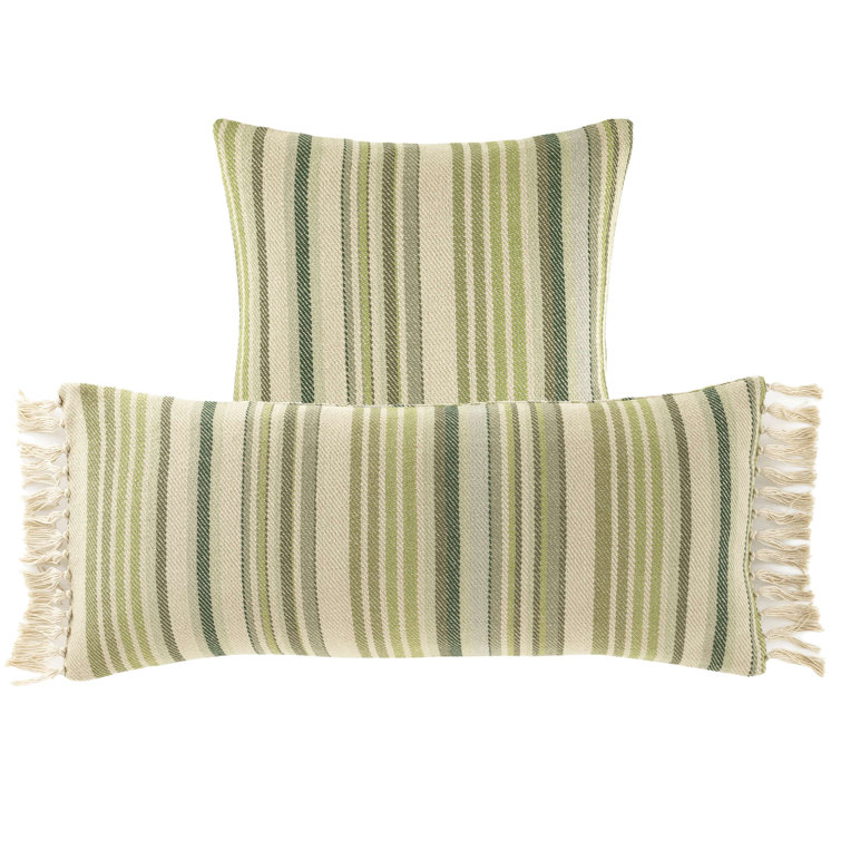 Ivory and Green Striped Cotton Lumbar Pillow with Tassels