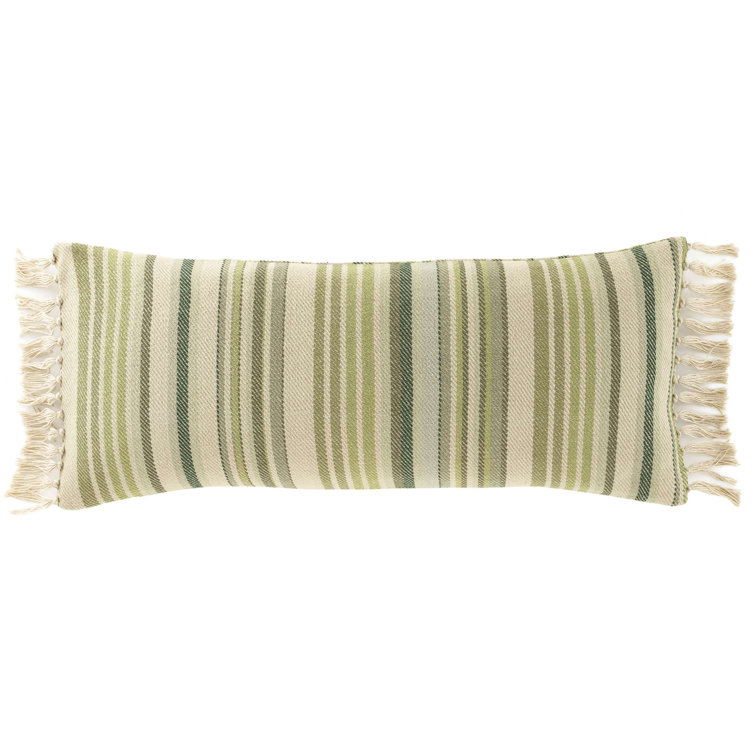 Ivory and Green Striped Cotton Lumbar Pillow with Tassels
