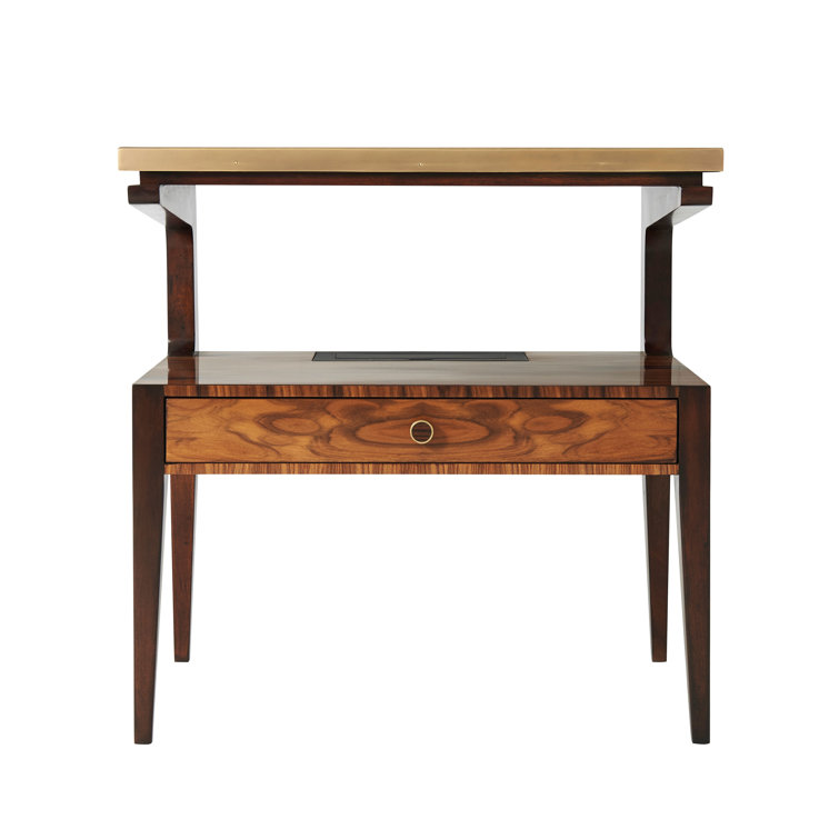 Achille Weathered Steel 1-Drawer Mahogany Nightstand with Brass Handle
