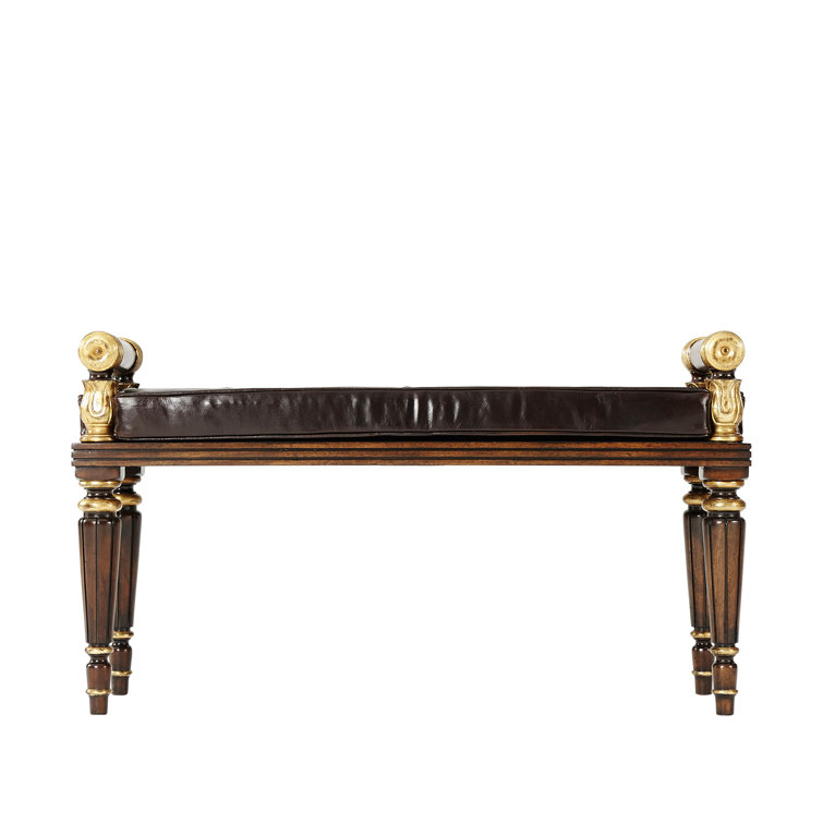 Theodore Alexander Mahogany and Leather Upholstered Bench