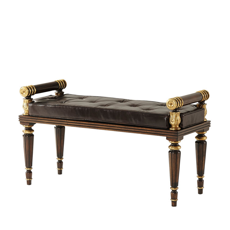 Theodore Alexander Mahogany and Leather Upholstered Bench