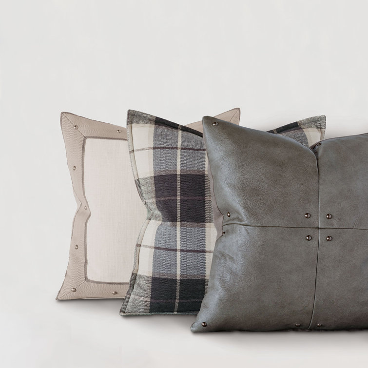 Gray Cowhide Leather Square Throw Pillow with Nailhead Details