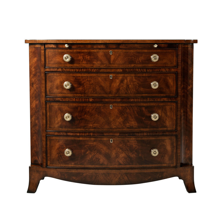 Bowfront Mahogany and Satinwood Accent Chest with Brass Knobs