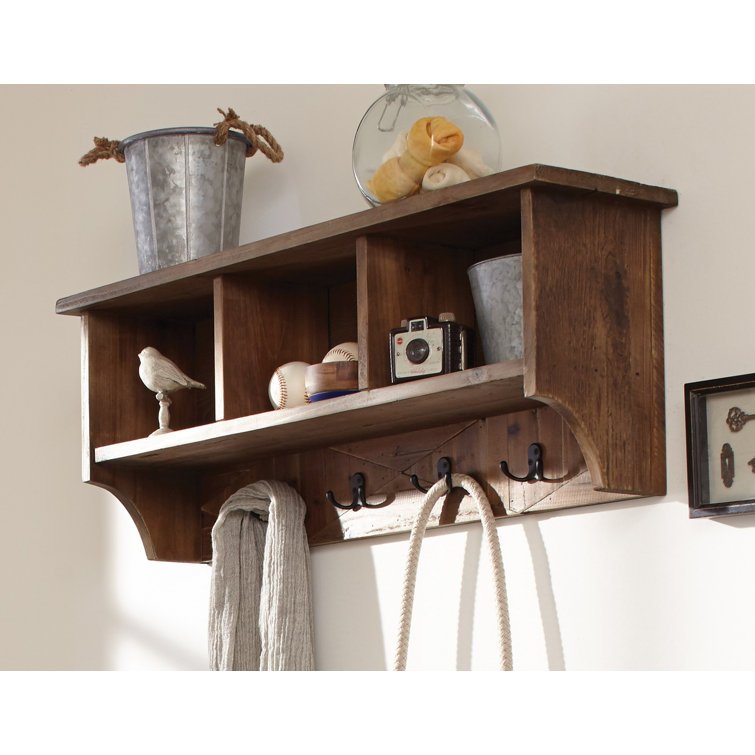 Natural Reclaimed Wood Wall Shelf with Coat Hooks