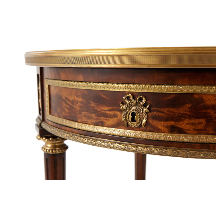 Circular Fluted Mahogany End Table with Brass Inlay and Marble Top