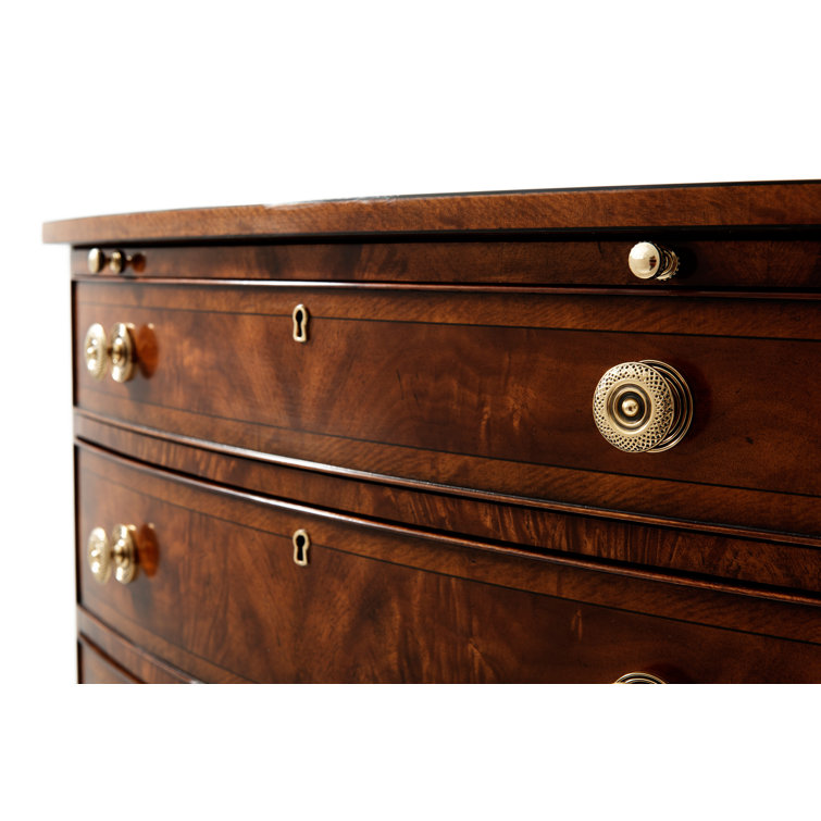 Bowfront Mahogany and Satinwood Accent Chest with Brass Knobs